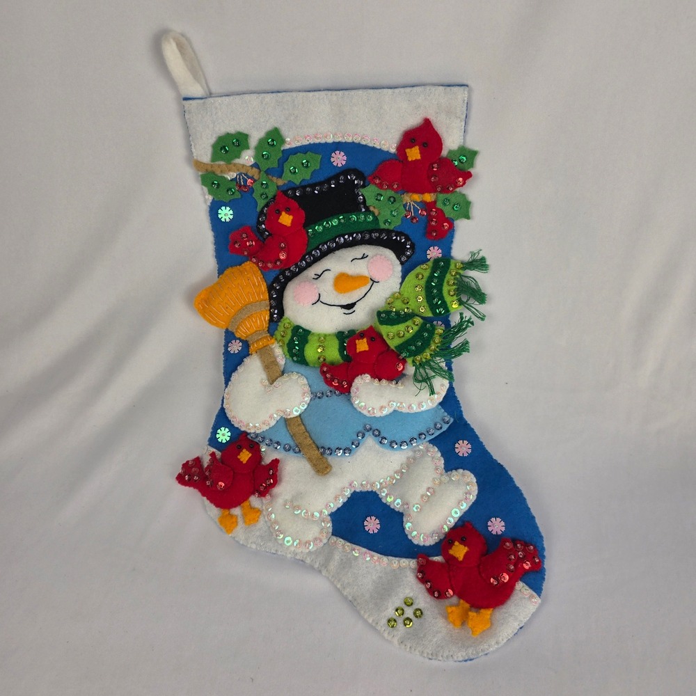 Handmade Felt Applique Christmas Stocking Snowman Cardinals Sequins Completed